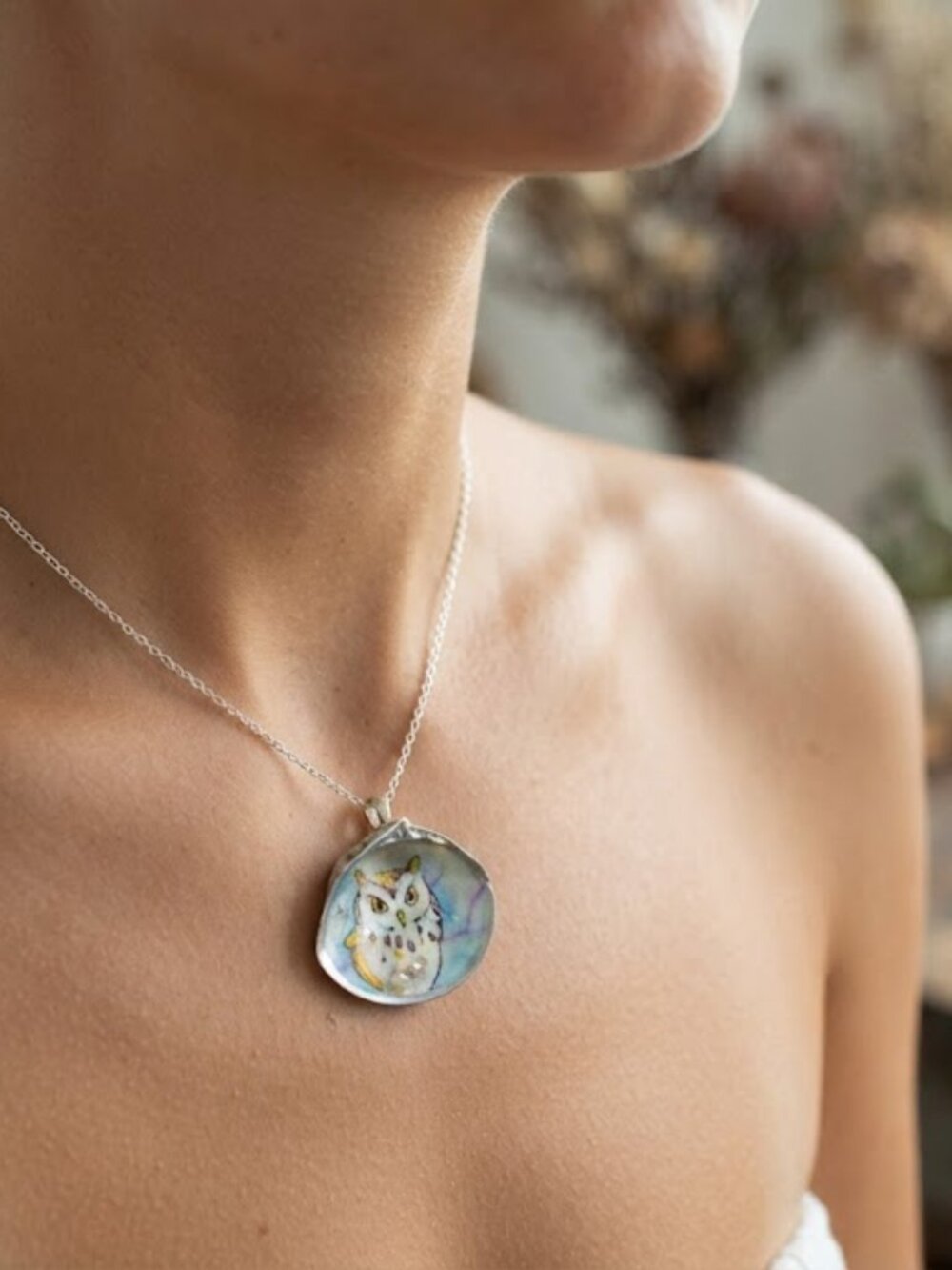 Handcrafted Artisan Hand-Painted Owl Sea Shell Pendant with pearl